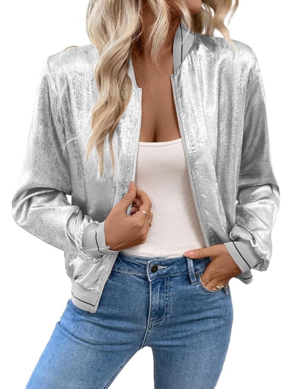 Women's Silver Metallic Zipper Bomber Disco Party Jackets Outwear Long Sleeve